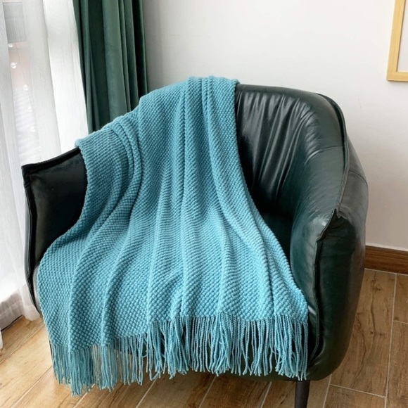 Urban Outfitters Other - Light Sky Blue Textured Minimal Cozy Knit Pattern Fringe Tassel Couch Blanket